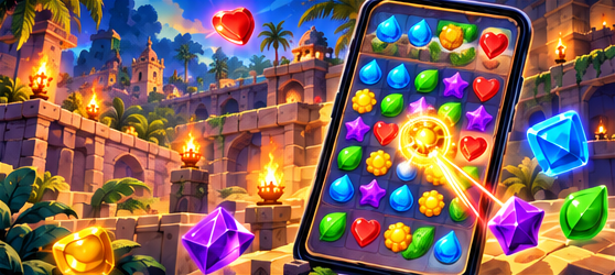 Arte conceptual colorido de gemas y puzles para Hurry Match Arena