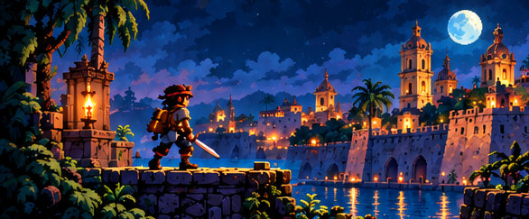 Escena de pixel art conceptual de una Cartagena nocturna amurallada